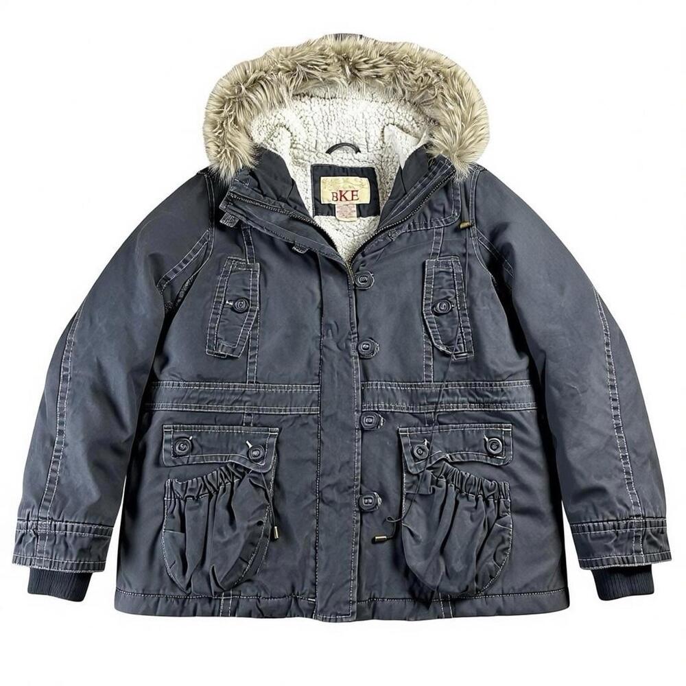 Y2K BKE Buckle Sherpa Lined Heavy Parka Faux Fur Trim Hood Women's Large Grey
